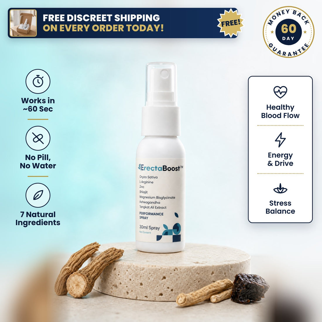 ErectaBoost spray: works in about 60 seconds, no pill, 7 natural ingredients, free discreet shipping, 60-day money-back guarantee