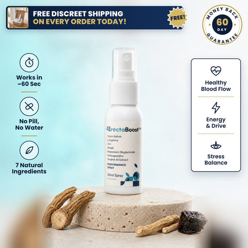 ErectaBoost spray: works in about 60 seconds, no pill, 7 natural ingredients, free discreet shipping, 60-day money-back guarantee