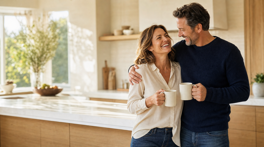 Couple laughing together in the kitchen